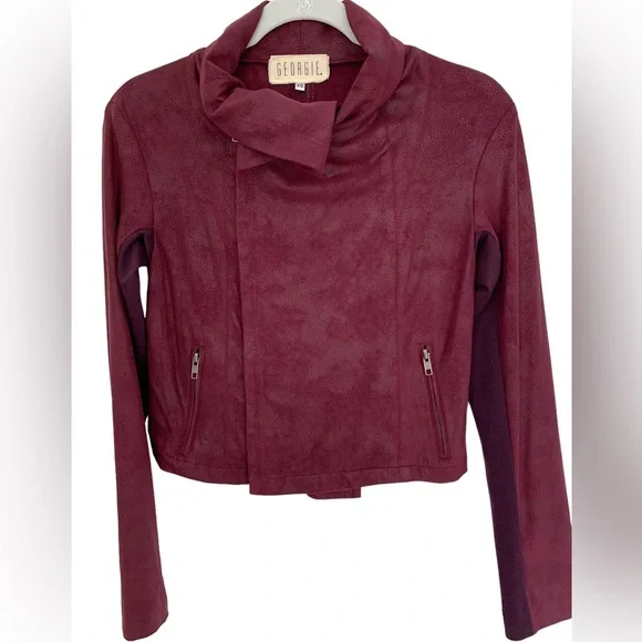Georgie Faux Leather Cropped Moto Jacket Burgundy Size XS - Picture 2 of 6